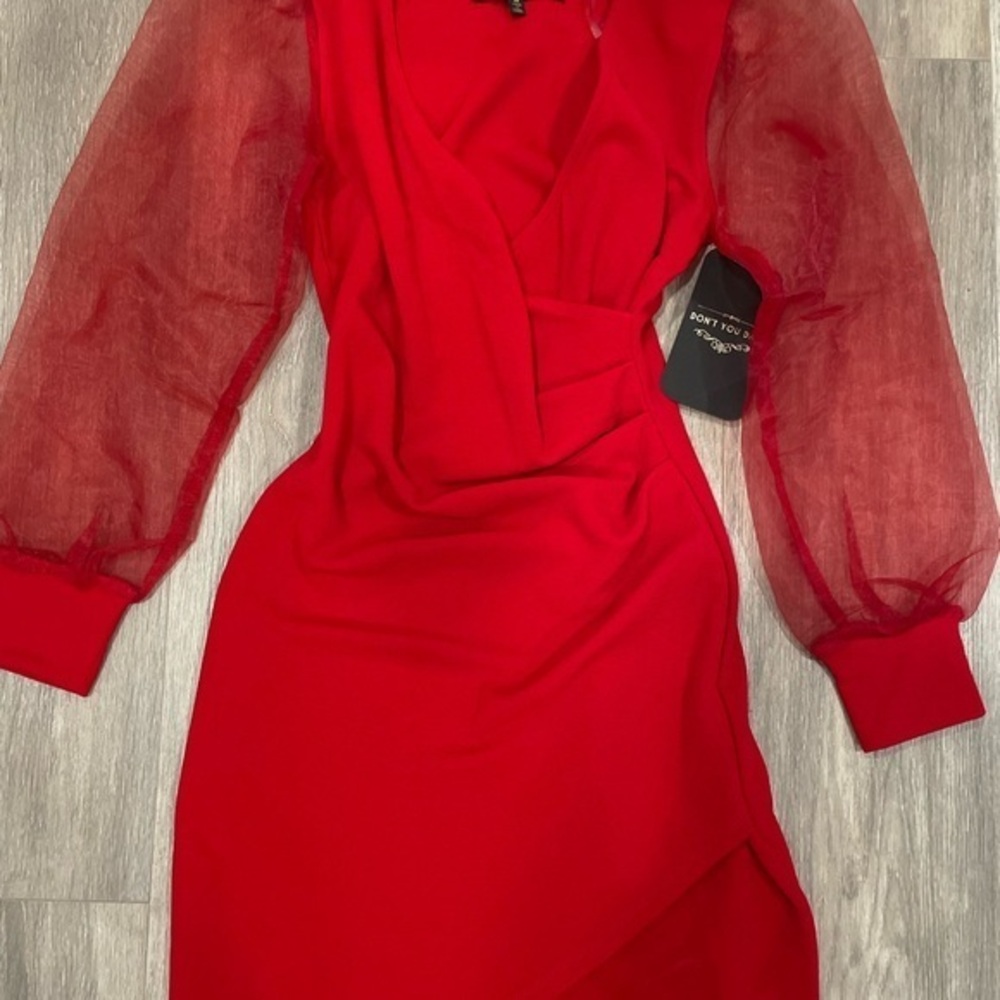 Elegant Red Dress with Sheer Sleeves